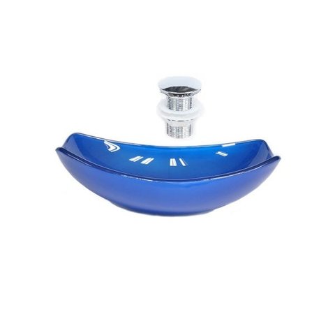 CUBA DE VIDRO OVAL CHANFRADA 51CM AZUL ESCURO + VALVULA CLICK