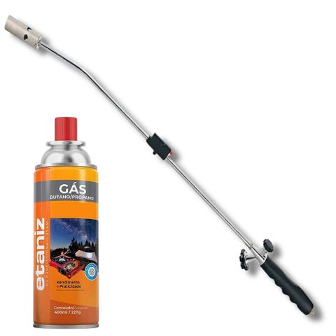 Kit Maçarico Longo Cabo Ergonômico 80cm Acendimento Automático Ajuste de Chama Soldagem + 1 Refil Gá