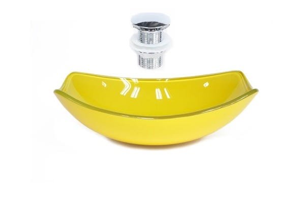 CUBA DE VIDRO OVAL CHANFRADA 51CM AMARELA + VALVULA CLICK - 1