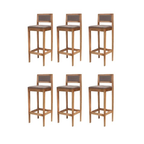 Kit 6 Banquetas Madeira Mel com Linho Marrom para Balcão com Encosto Estofado