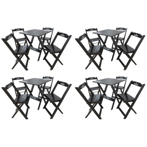 Kit 4 Conjuntos Mesa Dobrável Madeira 70x70 com 4 Cadeiras Personalizada Hei Preta - Cor: Preto