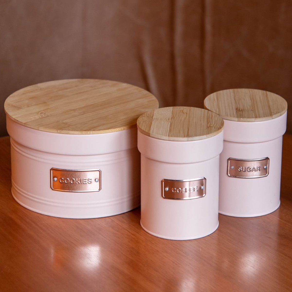 Conjunto 4 Latas Decorativas Sugar Coffee Biscuit Utensils em Metal com Tampas de Bambu Yoi Rosa - 2