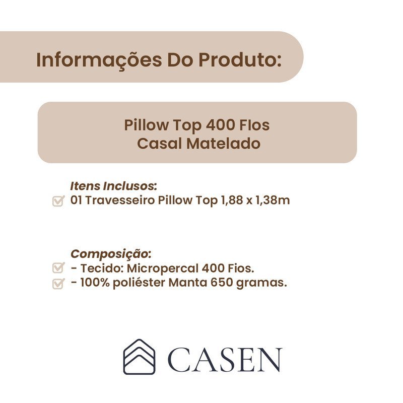 Colchão Pillow Top Percal 400 Fios Soft Casal 650g - 7