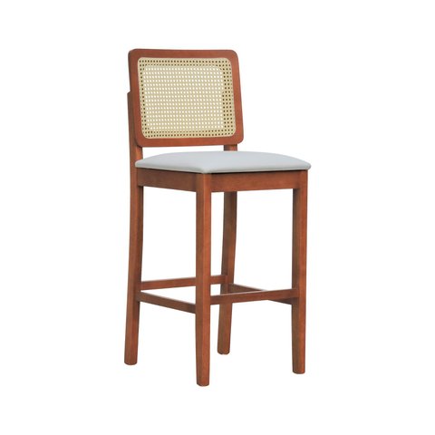 Banqueta Alta Bistrô Lyon Madeira Maciça Encosto Telinha Natural Assento Estofado Corano Bruma