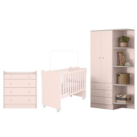 Jogo de Quarto Doce Sonho Guarda Roupa Cantoneira, Berço e Cômoda Trocador Rosa - Qmovi