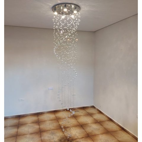Lustre de Cristal Espiral Para Sala com 1,90m de Altura, Base de Inox Espelhado com 40cm de Diâmetro