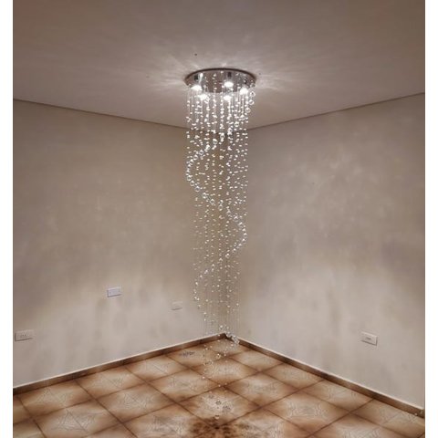 Lustre de Cristal Para Sala de Jantar com 2,10M de Altura, Base De Inox Polido 40CM de Diâmetro