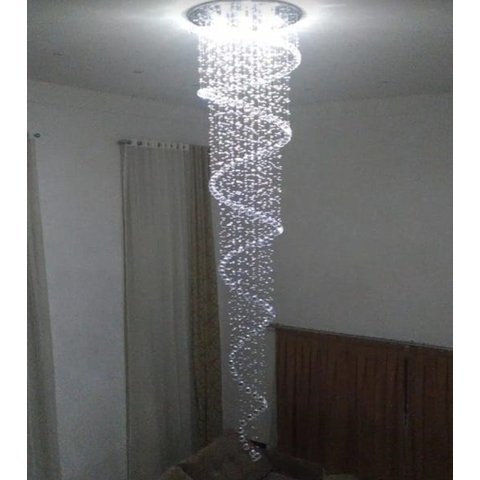 Lustre De Cristal Legítimo Espiral Para Sala Com 3,20 Metros De Altura, Base De Inox 50CM De Diâm.