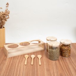 Kit 3 Potes de Vidro 300ml com Tampa, Colher e Suporte de Bambu - Oikos - 4