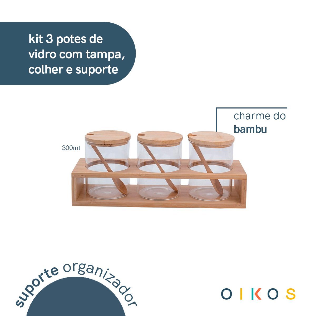 Kit 3 potes de vidro 300ml com tampa, colher e suporte de bambu - Oikos - 3