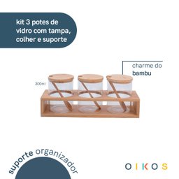 Kit 3 Potes de Vidro 300ml com Tampa, Colher e Suporte de Bambu - Oikos - 5