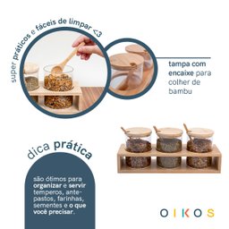 Kit 3 Potes de Vidro 300ml com Tampa, Colher e Suporte de Bambu - Oikos - 6