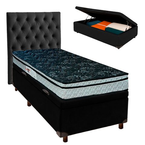 Cama Box Bau + Colchão Solteiro D28 Conforto Paropas + Cabeceira Estofada
