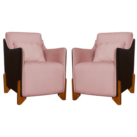 Kit 2 Poltronas Composê Heloisa Couro Marrom Veludo Rosa