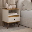 Ver imagem 1 de Mesa de Cabeceira Ted com 1 Gaveta e Nicho Pés Palito - Off White com Freijó