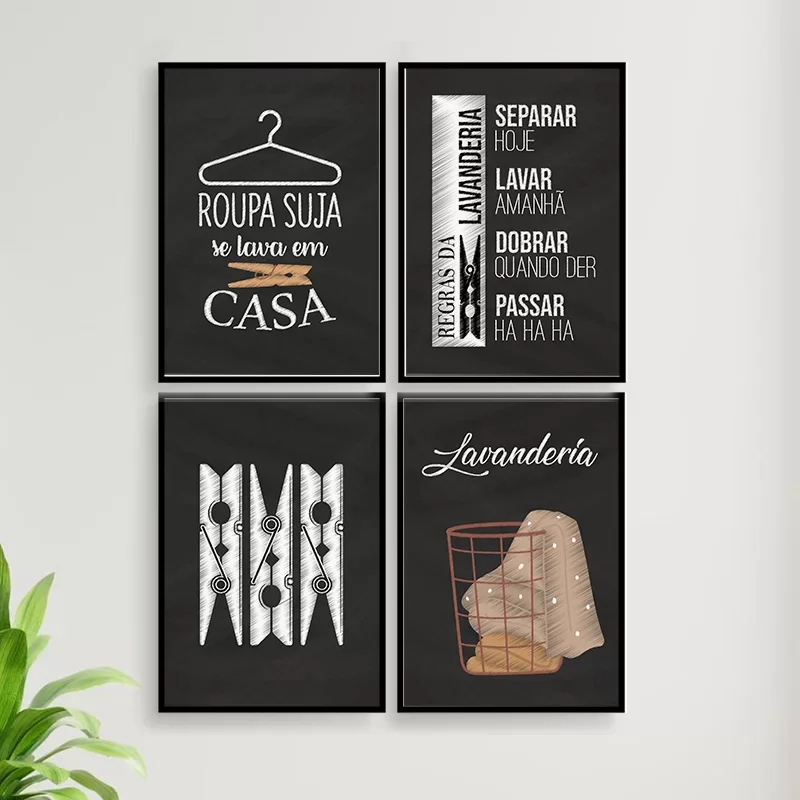 Kit 4 Quadros Decorativo Lavanderia Giz 24x18cm:Madeira branca