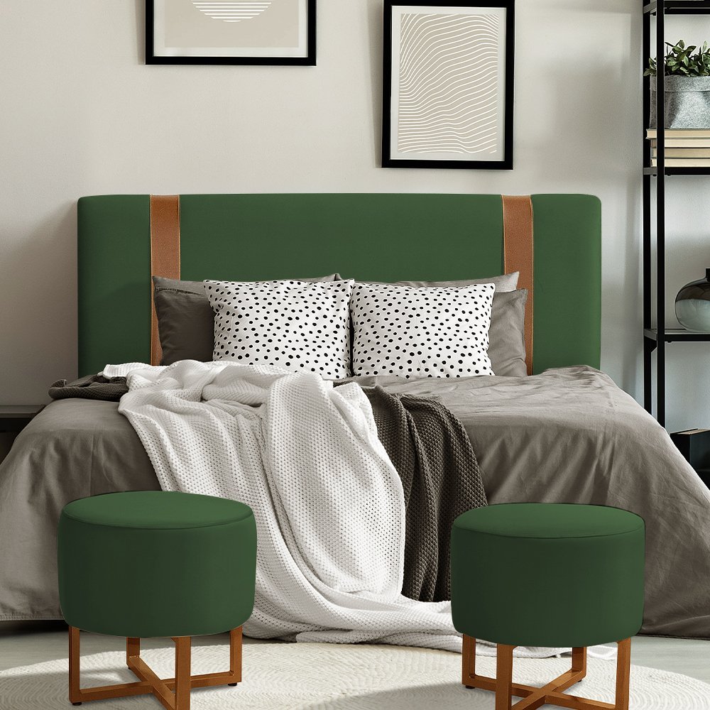 Cabeceira Estofada Cama Casal King Alça em Couro Zeus 195cm Veludo Verde - 1