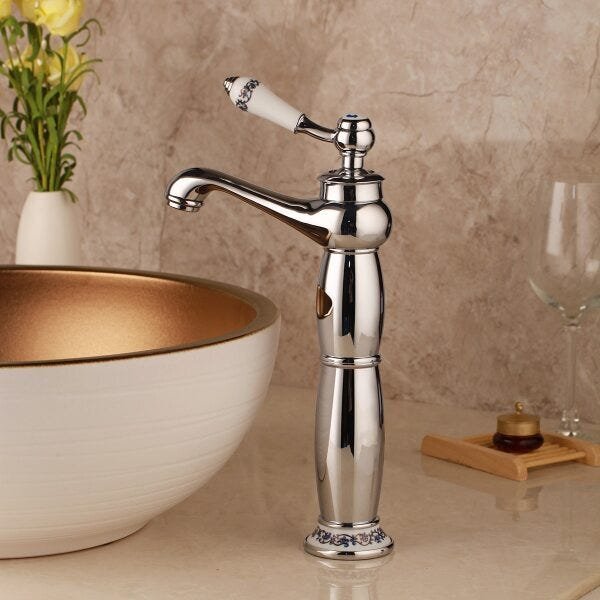 Torneira Mesa Alta Luxo Vintage Cromado com Porcelana Q/F - 1