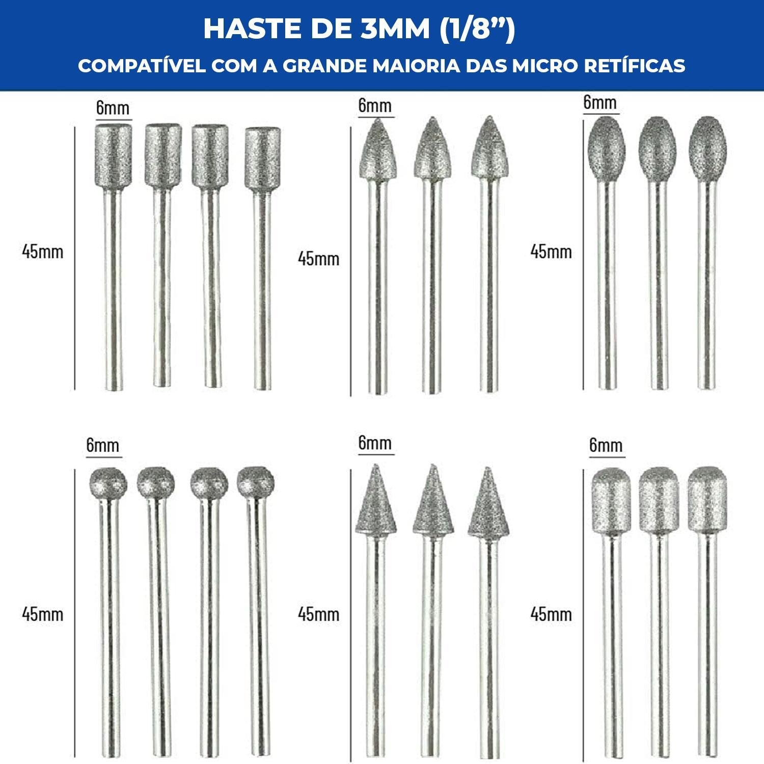 Kit 20 Pontas Diamantadas 3mm para Micro Retíficas Dremax - 2