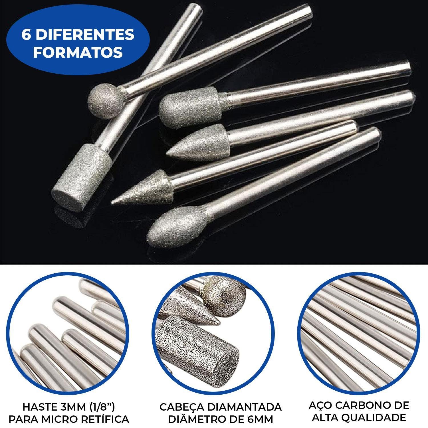 Kit 20 Pontas Diamantadas 3mm para Micro Retíficas Dremax - 3