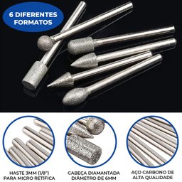 Kit 20 Pontas Diamantadas 3mm para Micro Retíficas Dremax - 3