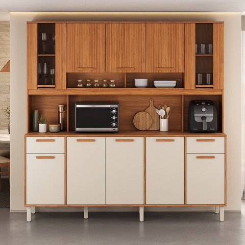 Cozinha Compacta 10 Portas 2 Gavetas 200cm com Nicho para Forno Itaflriz Itatiaia Marrom/Cinamomo/Off White