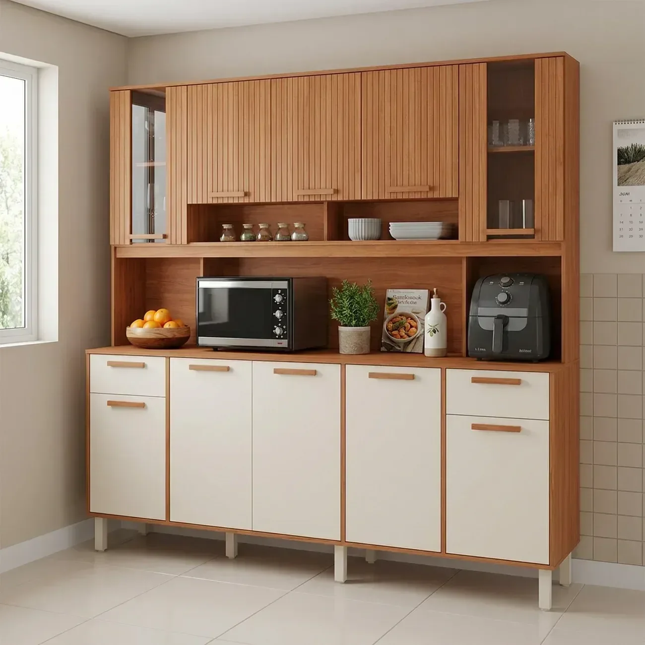 Cozinha Compacta com Tampo e Nicho para Micro-Ondas 200cm Itafriz Itatiaia Marrom Cinamomo/Off White