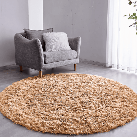 Tapete Saturs Shaggy Pelo Alto Bege Redondo 100 cm Tapete para Sala e Quarto