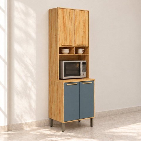 Paneleiro 4 Portas com Espaço para Micro-Ondas 100% MDF Malta Cinza/Amêndoa/Platina Espresso Móve