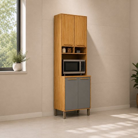Paneleiro 4 Portas com Espaço para Micro-Ondas 100% MDF Malta Cinza/Amêndoa/Platina Espresso Móveis