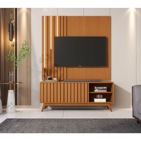 Home Theater Rack com Painel e LED para TV até 60 Polegadas Açaí 140cm Pés de Madeira Maciça