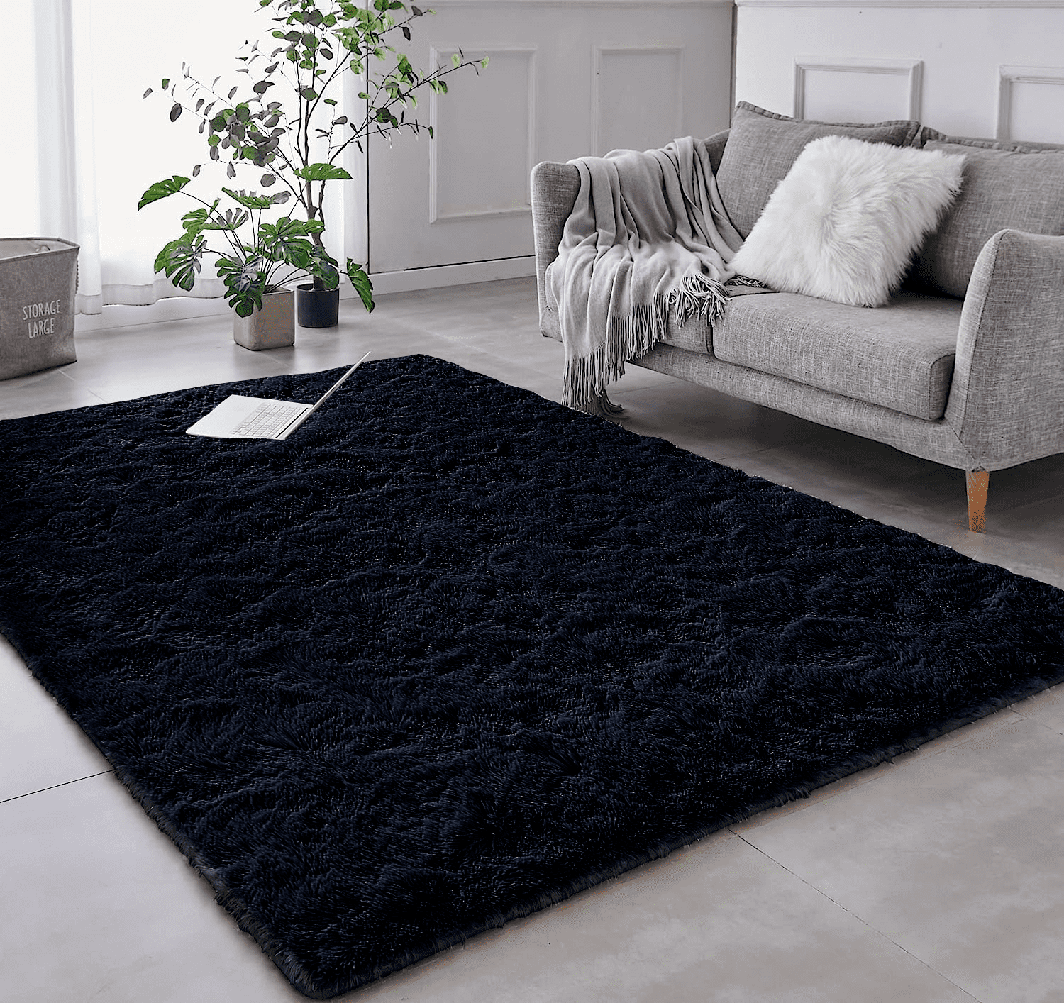 Tapete Saturs Shaggy Pelo Alto Preto - 100 x 120 cm Tapete para Sala e Quarto - 1