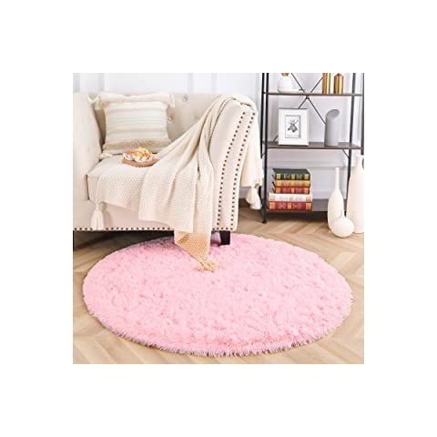 Tapete Saturs Shaggy Pelo Alto Rosa Bebe Redondo 140 cm Tapete para Sala e Quarto