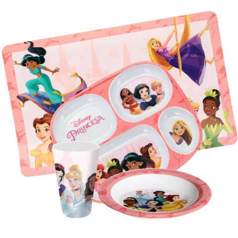 Jogo Refeição Infantil Princesas Disney 4 Peças Prato Divisória, Prato Fundo e Copo Melamina - Tuut