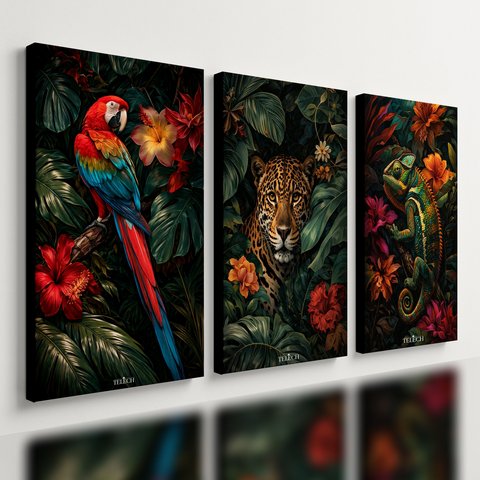 Kit 3 Quadro Decorativo Floresta Tropical Zoológico Moderno Qualidade Premium 40x28cm