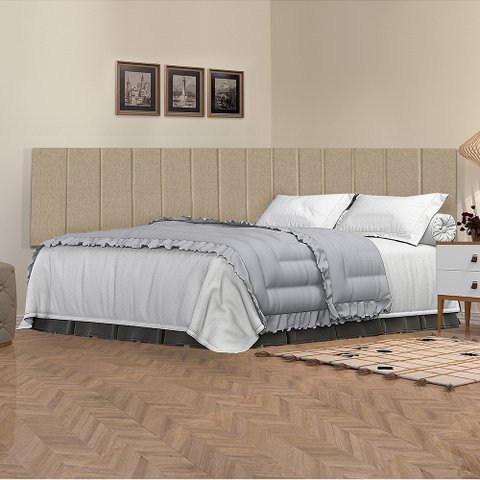 Conjunto de Cabeceira Viuva Solteirão Estofado Suspensa com Proteção Lateral - 128 Cm - Palha Linho