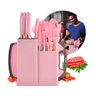 Kit 19 Peças de Cozinha Rosa Utensílios de Silicone e Madeira Colheres Facas e Tábua de Corte Cor:ro - 1