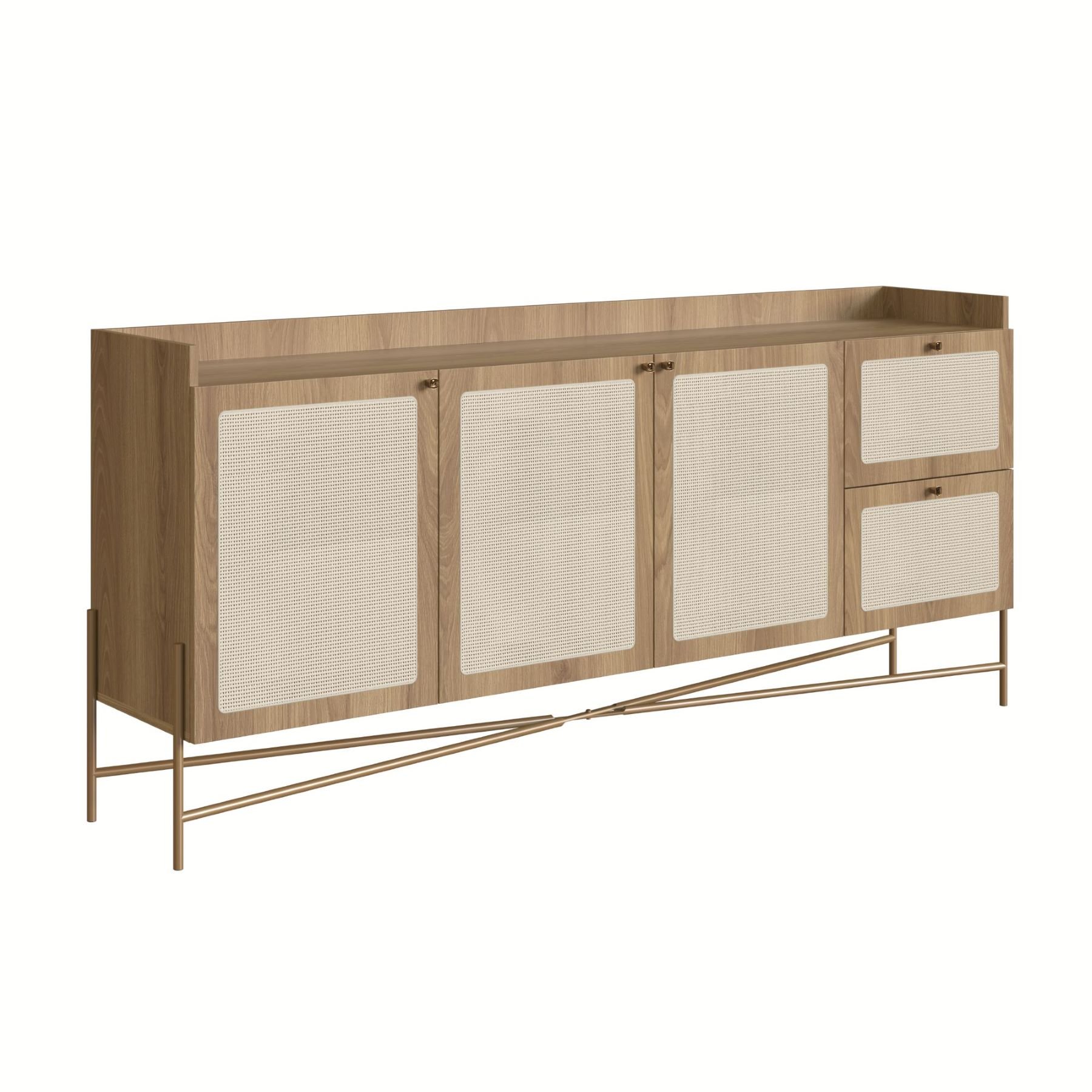 Balcao/buffet Linha Oslo Mdf Cor Hanover Base Metal Dourado Acabamento Palha Sintética - a Casa Maju