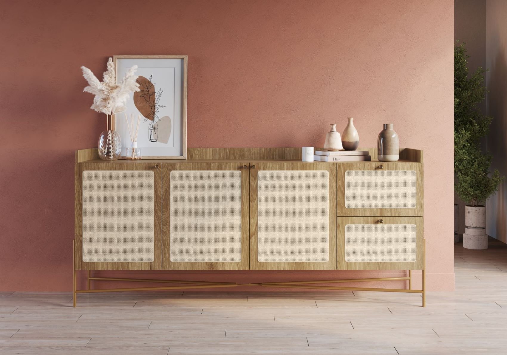 Balcao/buffet Linha Oslo Mdf Cor Hanover Base Metal Dourado Acabamento Palha Sintética - a Casa Maju - 4