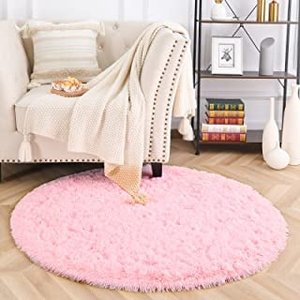 Tapete Saturs Shaggy Pelo Alto Rosa Bebe Redondo 100 cm Tapete para Sala e Quarto