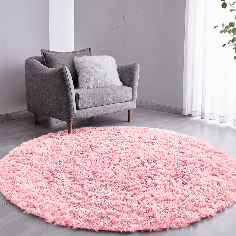 Tapete Saturs Shaggy Pelo Alto Rosa Bebe Redondo 200 cm Tapete para Sala e Quarto