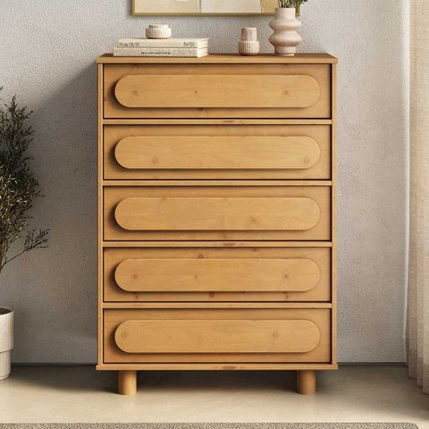 Cômoda Madeira Alta 80 cm Moderna Redondo Puxador 5 Gavetas Freijó Dakin