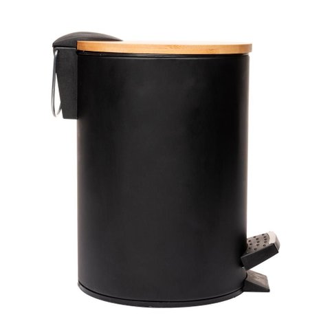 Lixeira Redonda Metal C/pedal Tampa em Bambu Preta 5l - Lyor