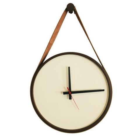 Relógio Decorativo Adnet Marrom Alça Corino Caramelo Mostrador Branco Ponteiro Preto 40 cm Redondo