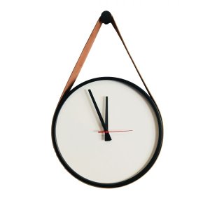 Relógio Decorativo Adnet Preto Alça Corino Caramelo Mostrador Branco Ponteiro Preto 40 cm Redondo