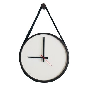 Relógio Decorativo Adnet Preto Alça Corino Preta Mostrador Branco Ponteiro Preto 40 cm Redondo