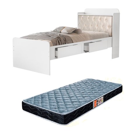Cama de Solteiro Tamires Branco com Capitone Estofado Gavetas Prateleiras e Bau + Colchão D20