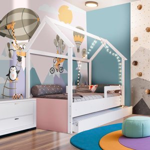Cama Infantojuvenil Solteiro com 2 Colchões e Auxiliar Casinha Branco Rosa Carrossel Jm Móveis