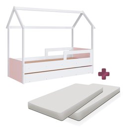 Cama Infantojuvenil Solteiro com 2 Colchões e Auxiliar Casinha Branco Rosa Carrossel Jm Móveis - 2