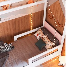 Cama Infantojuvenil Solteiro com 2 Colchões e Auxiliar Casinha Branco Rosa Carrossel Jm Móveis - 3
